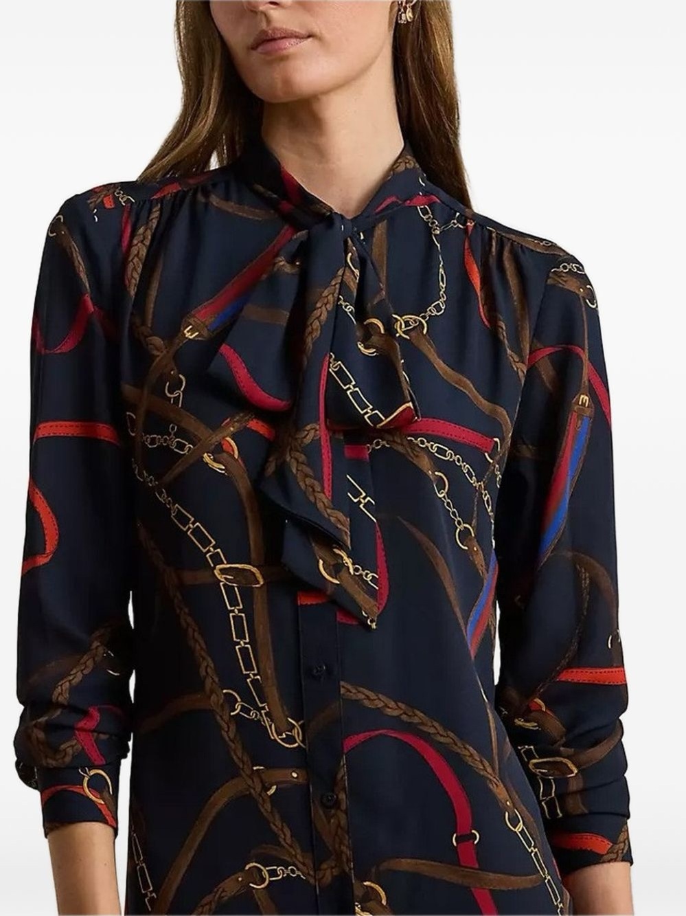 Lauren Ralph Lauren women’s Navy Chain & Rope Print Tie-Neck Blouse size xl